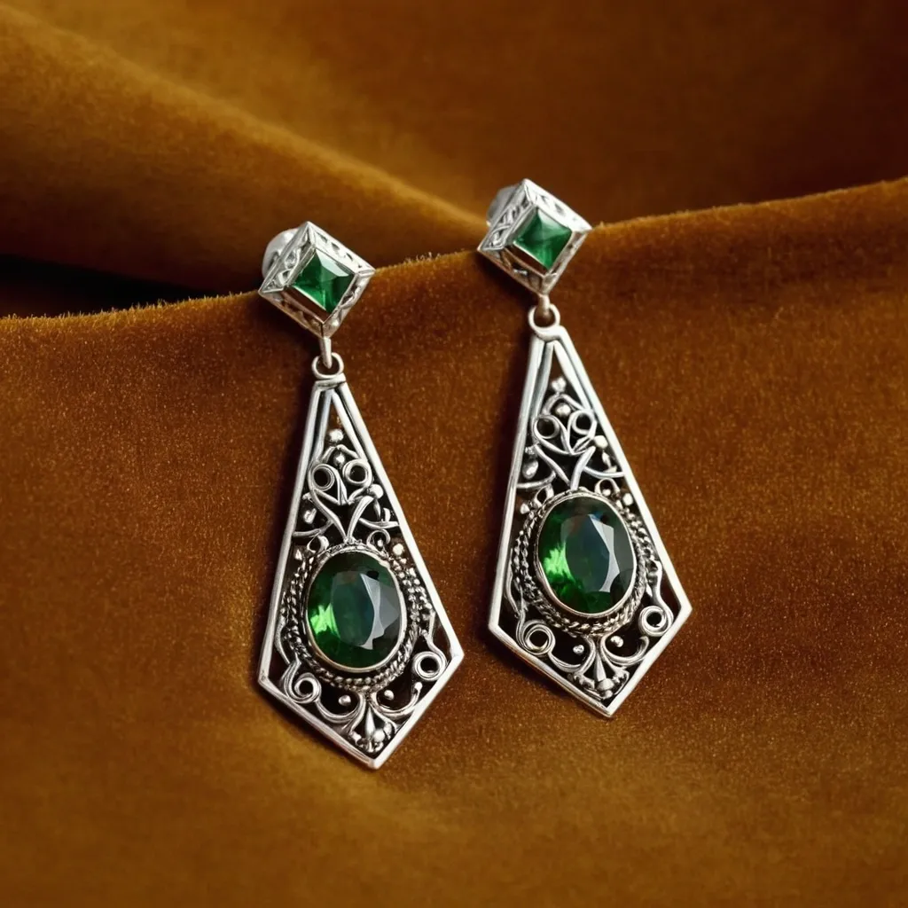 detailed photo of silver earrings with green gem