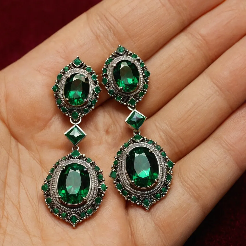 detailed photo of silver earrings with green gem