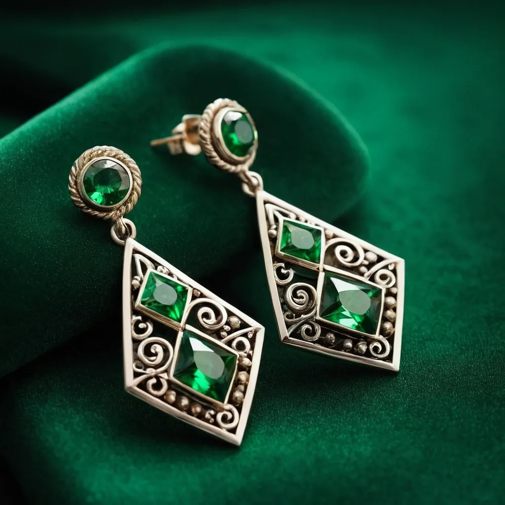 detailed photo of silver earrings with green gem