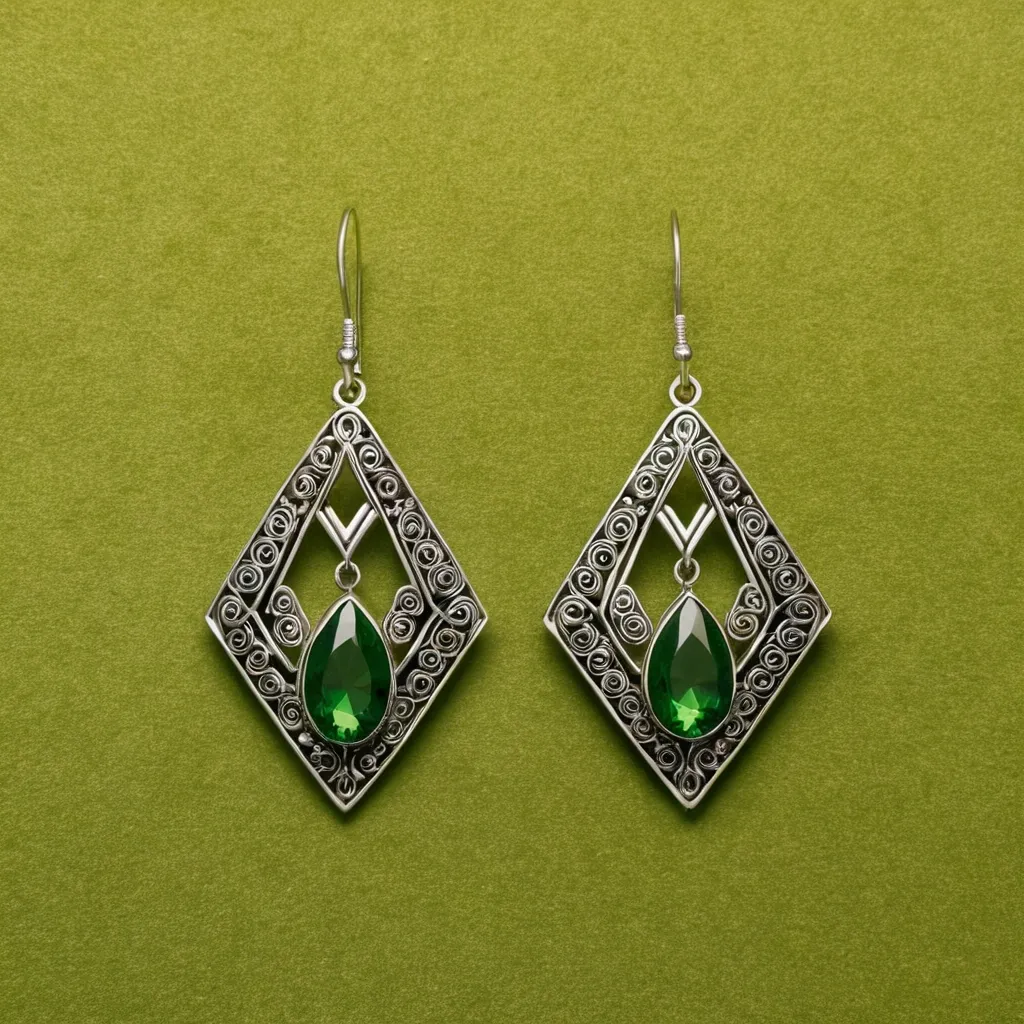 detailed photo of silver earrings with green gem
