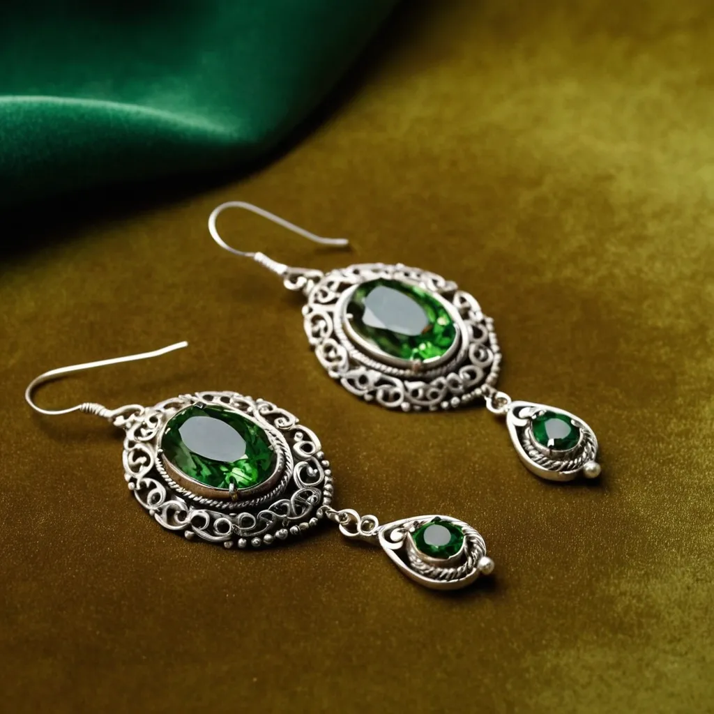 detailed photo of silver earrings with green gem