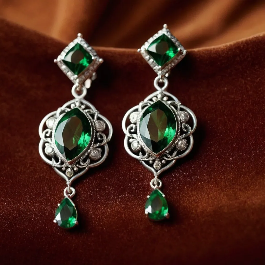 detailed photo of silver earrings with green gem