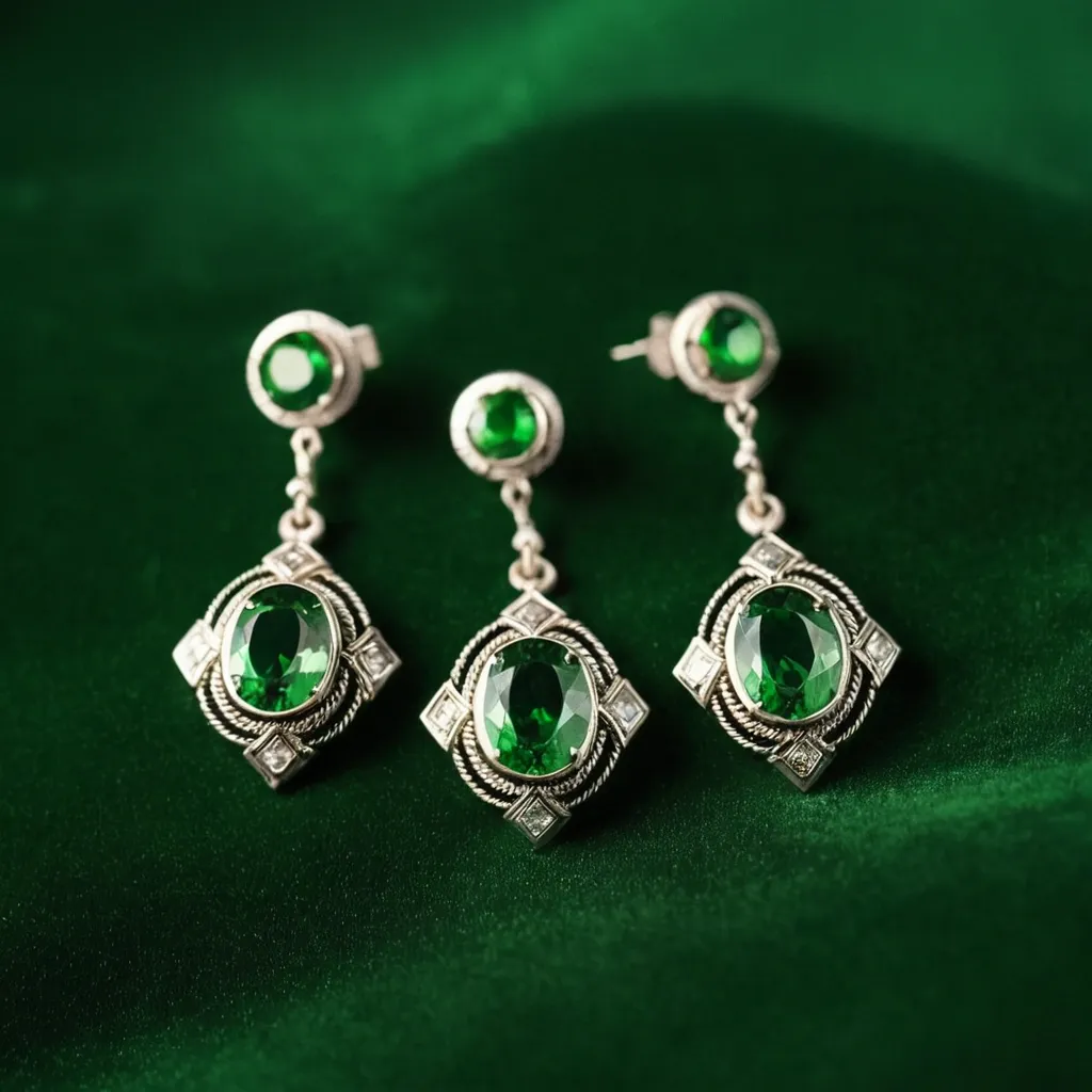 detailed photo of silver earrings with green gem