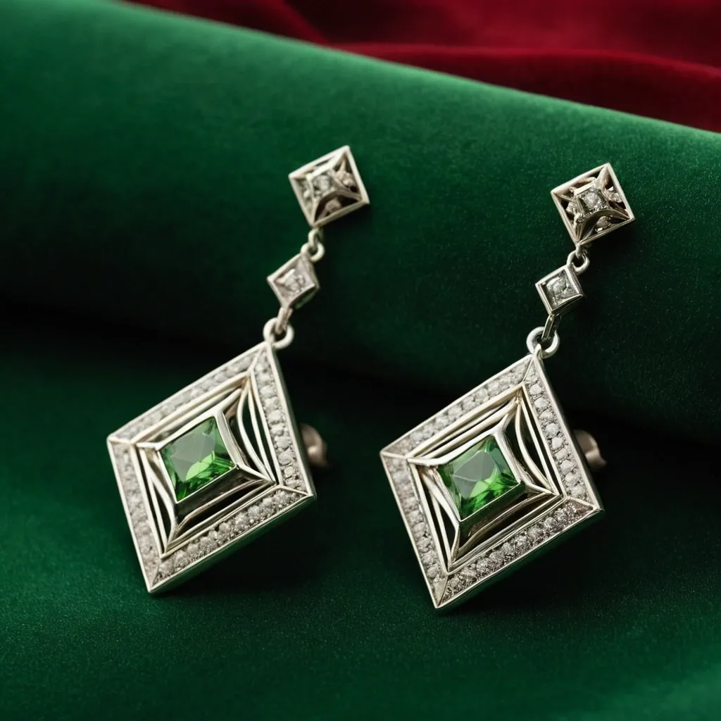 detailed photo of silver earrings with green gem