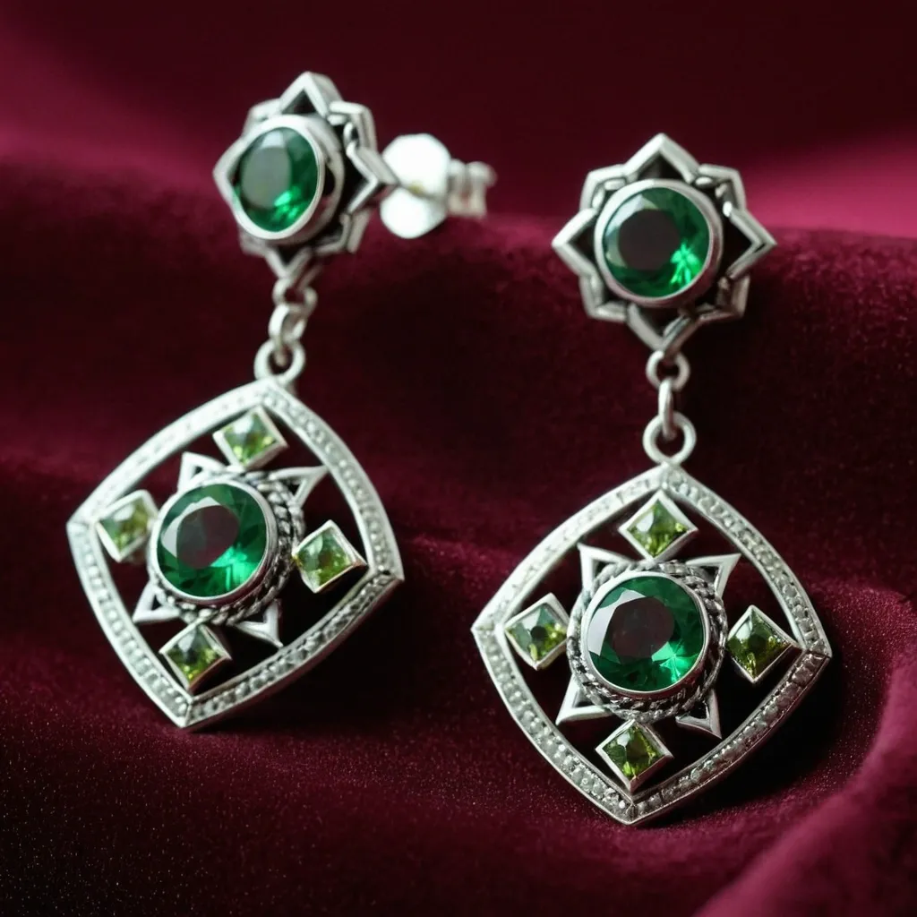 detailed photo of silver earrings with green gem