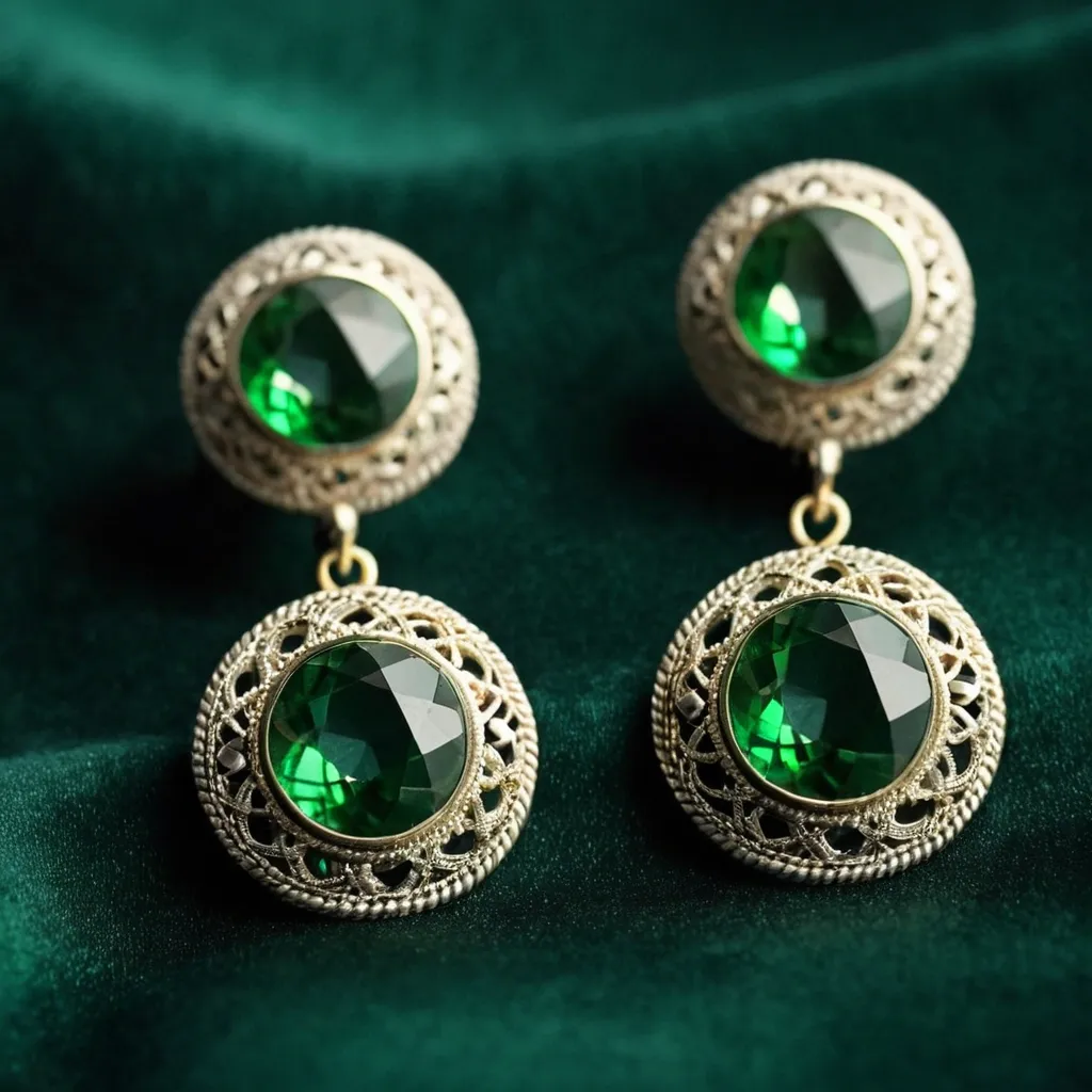 detailed photo of silver earrings with green gem
