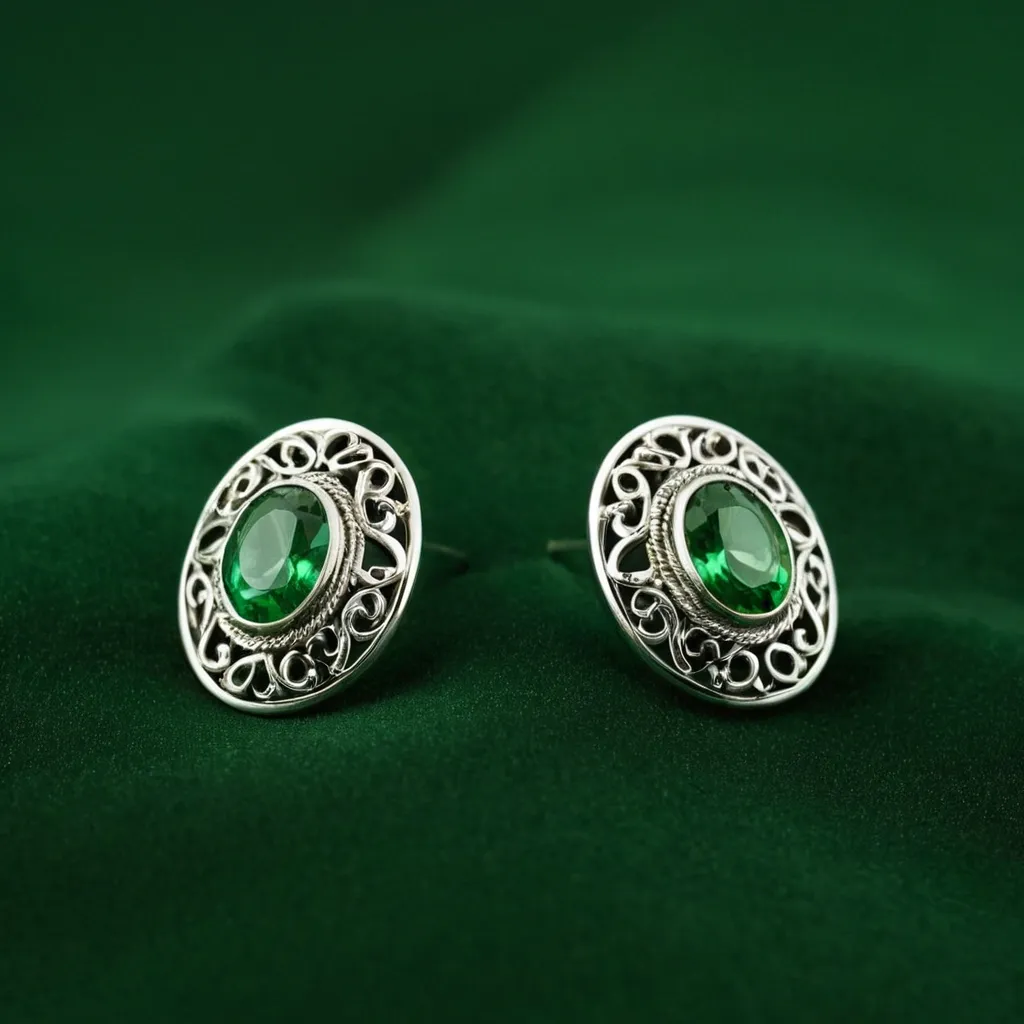 detailed photo of silver earrings with green gem