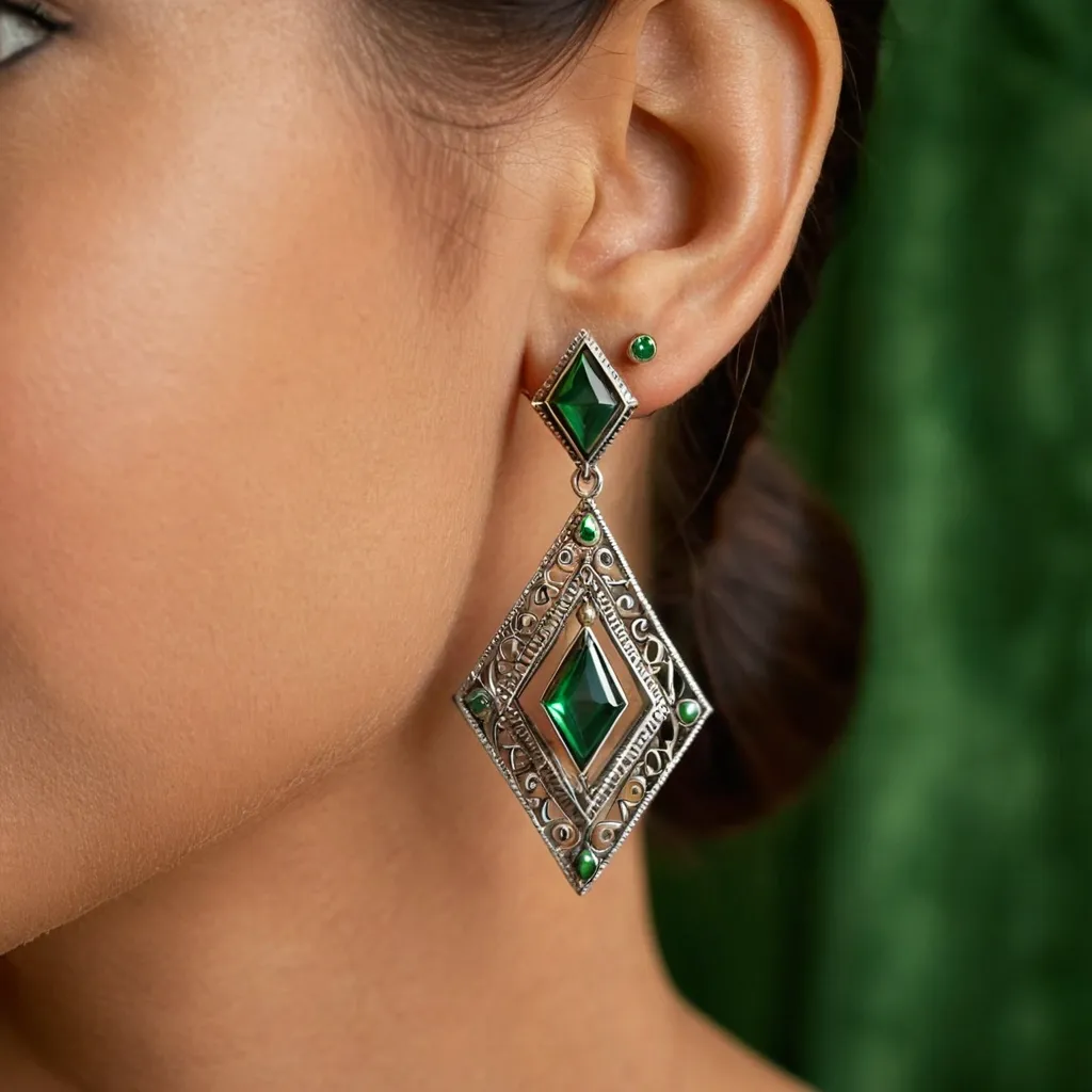detailed photo of silver earrings with green gem