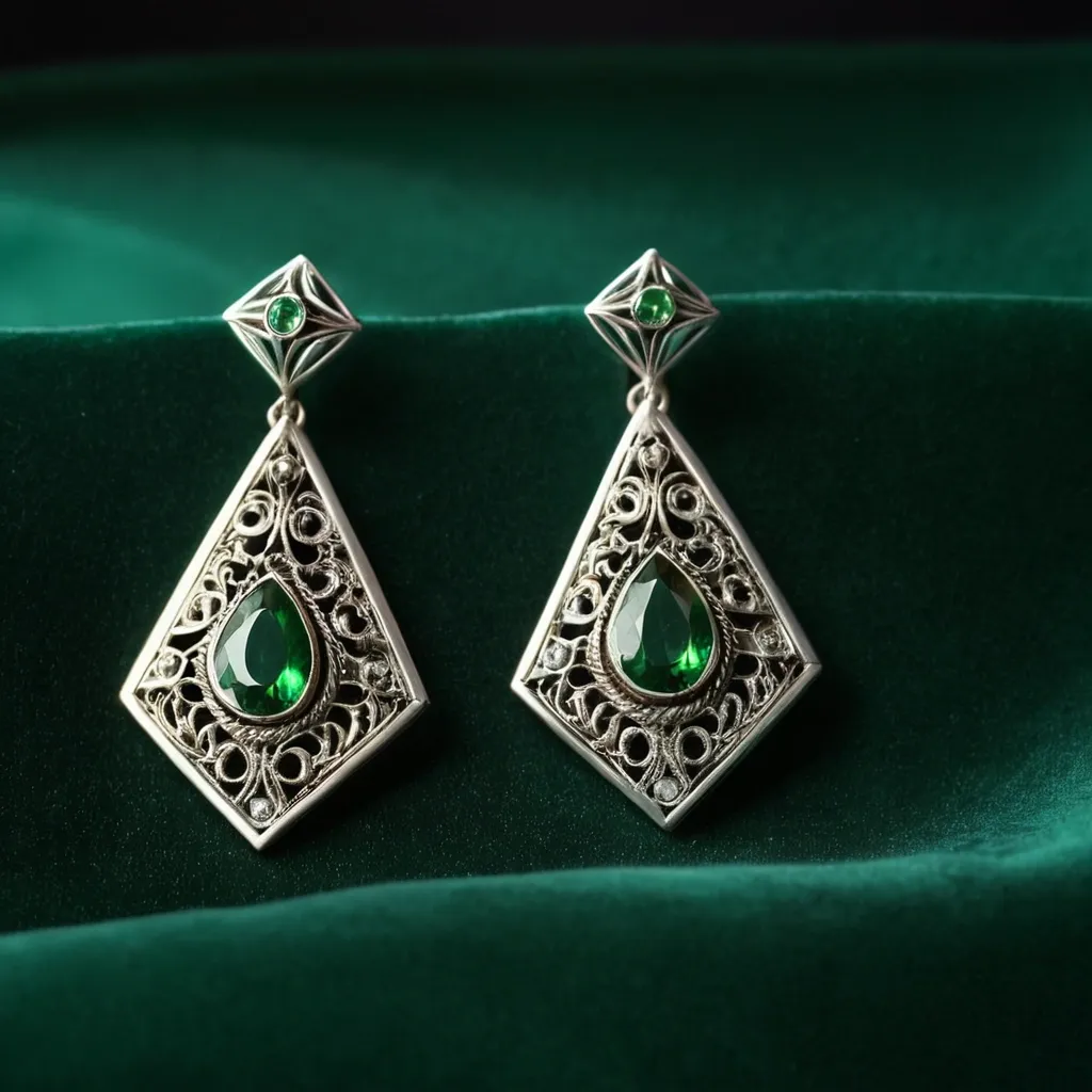 detailed photo of silver earrings with green gem