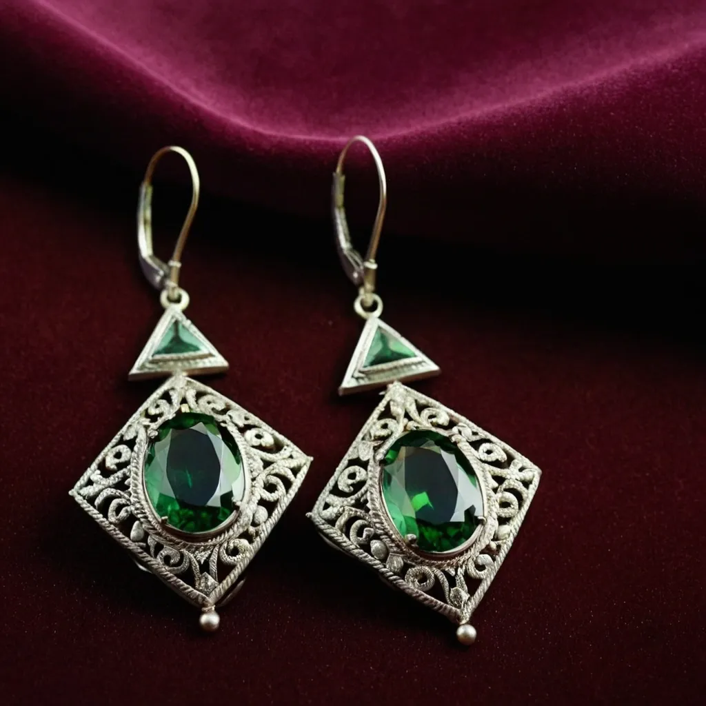 detailed photo of silver earrings with green gem