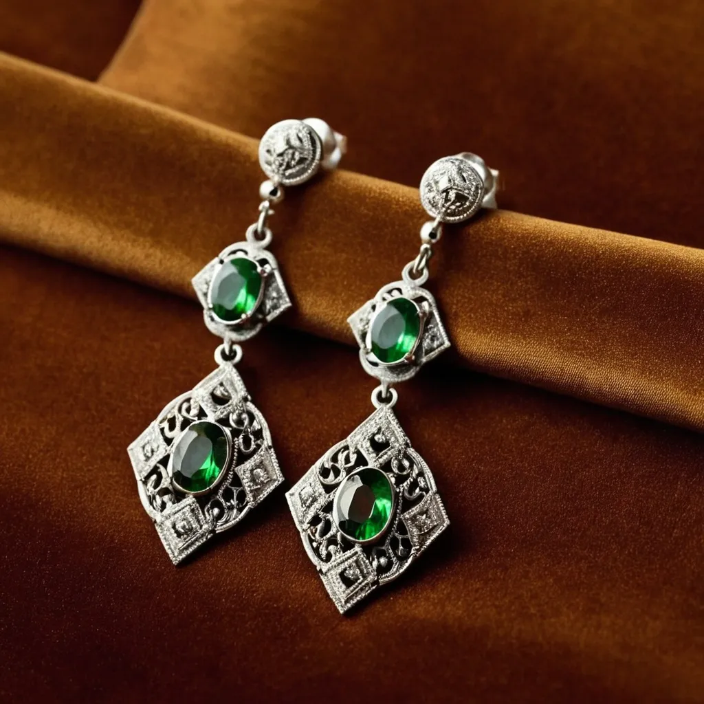 detailed photo of silver earrings with green gem