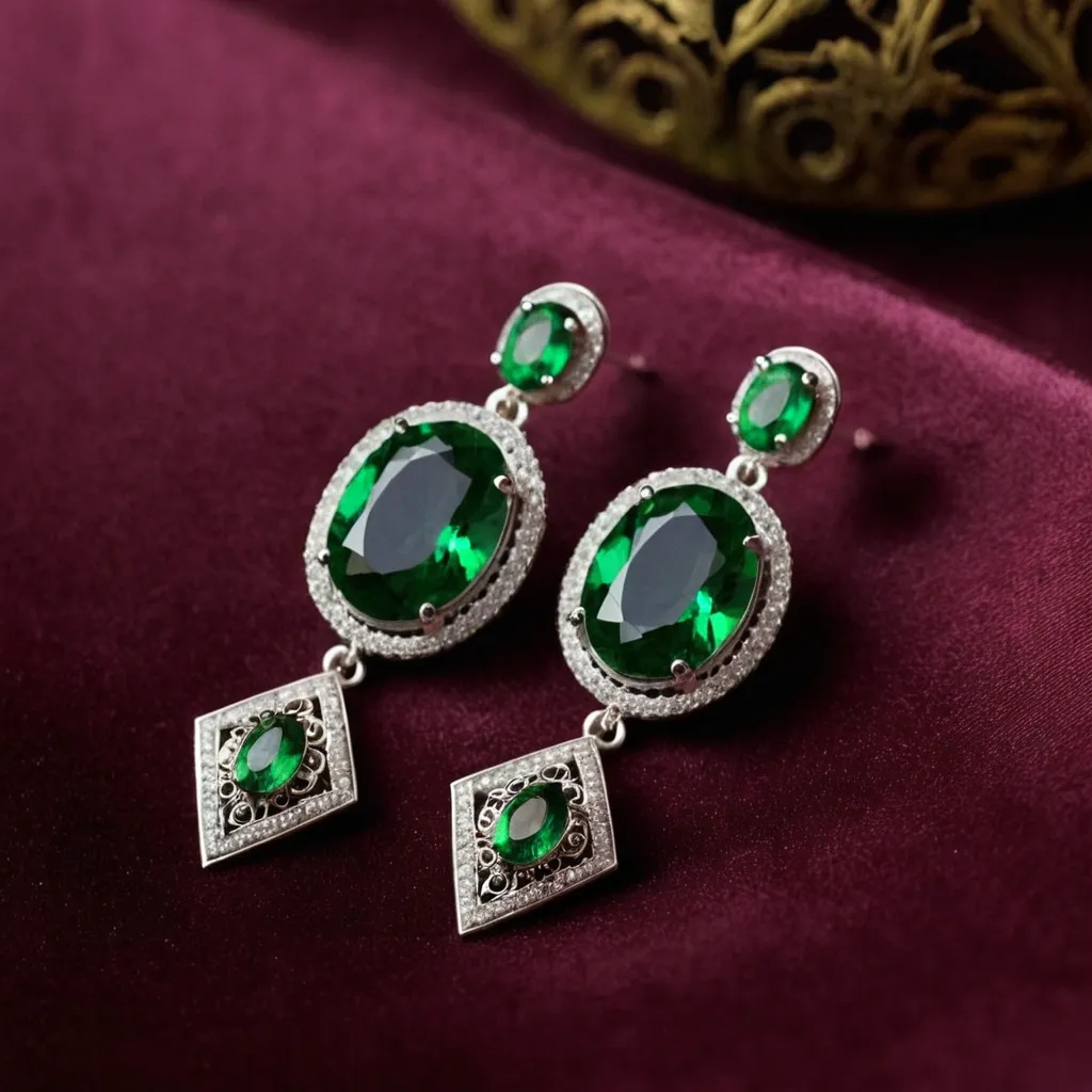 detailed photo of silver earrings with green gem