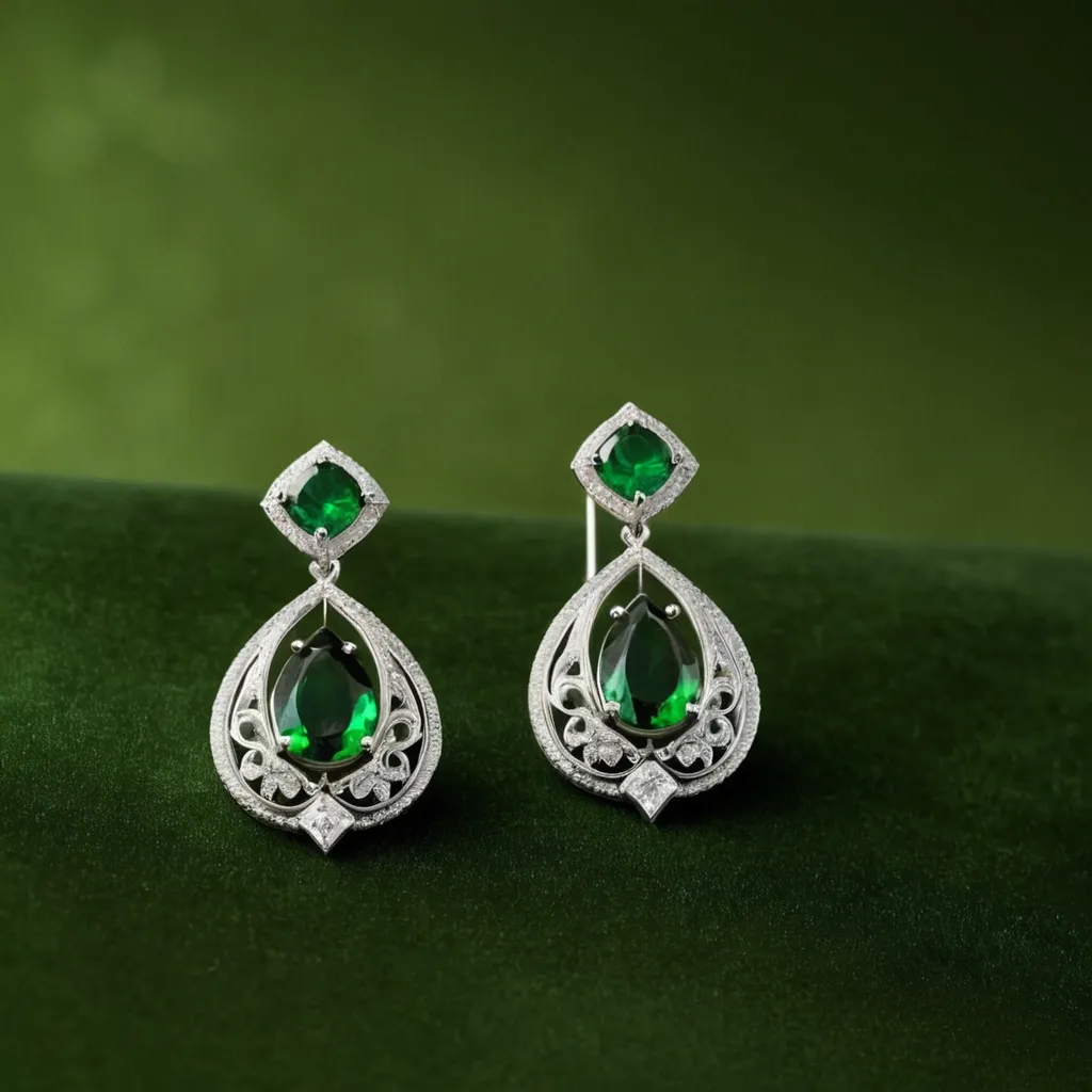 detailed photo of silver earrings with green gem