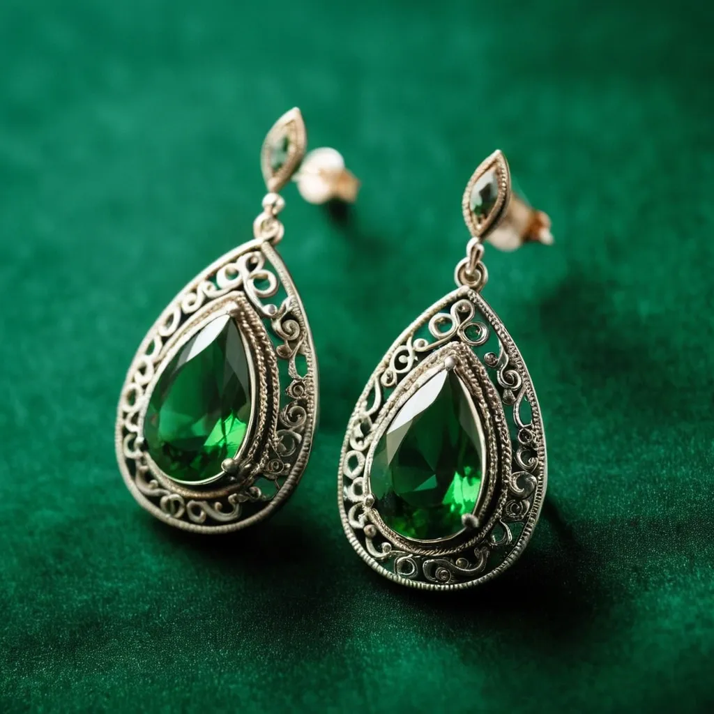 detailed photo of silver earrings with green gem