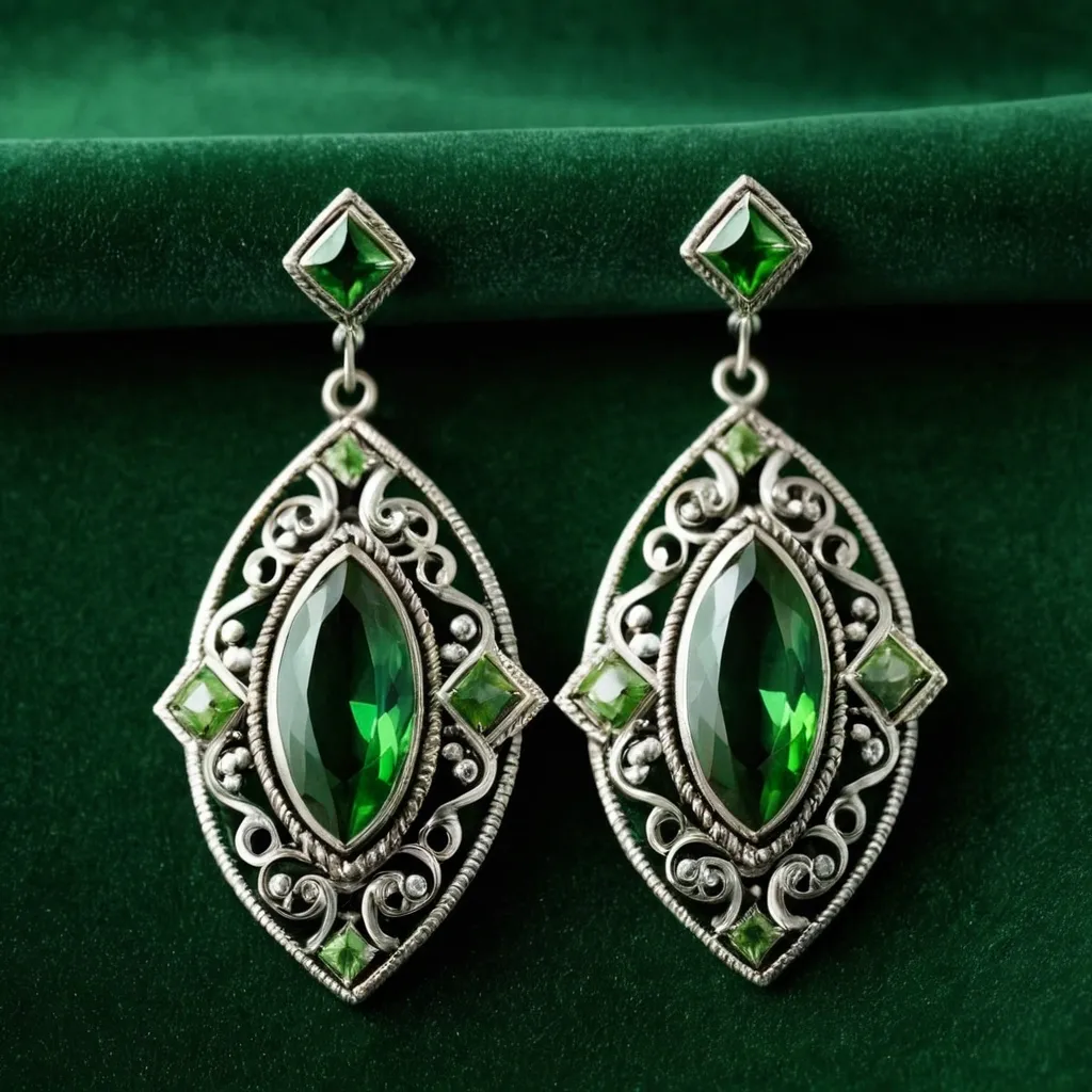 detailed photo of silver earrings with green gem