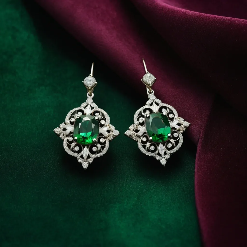 detailed photo of silver earrings with green gem