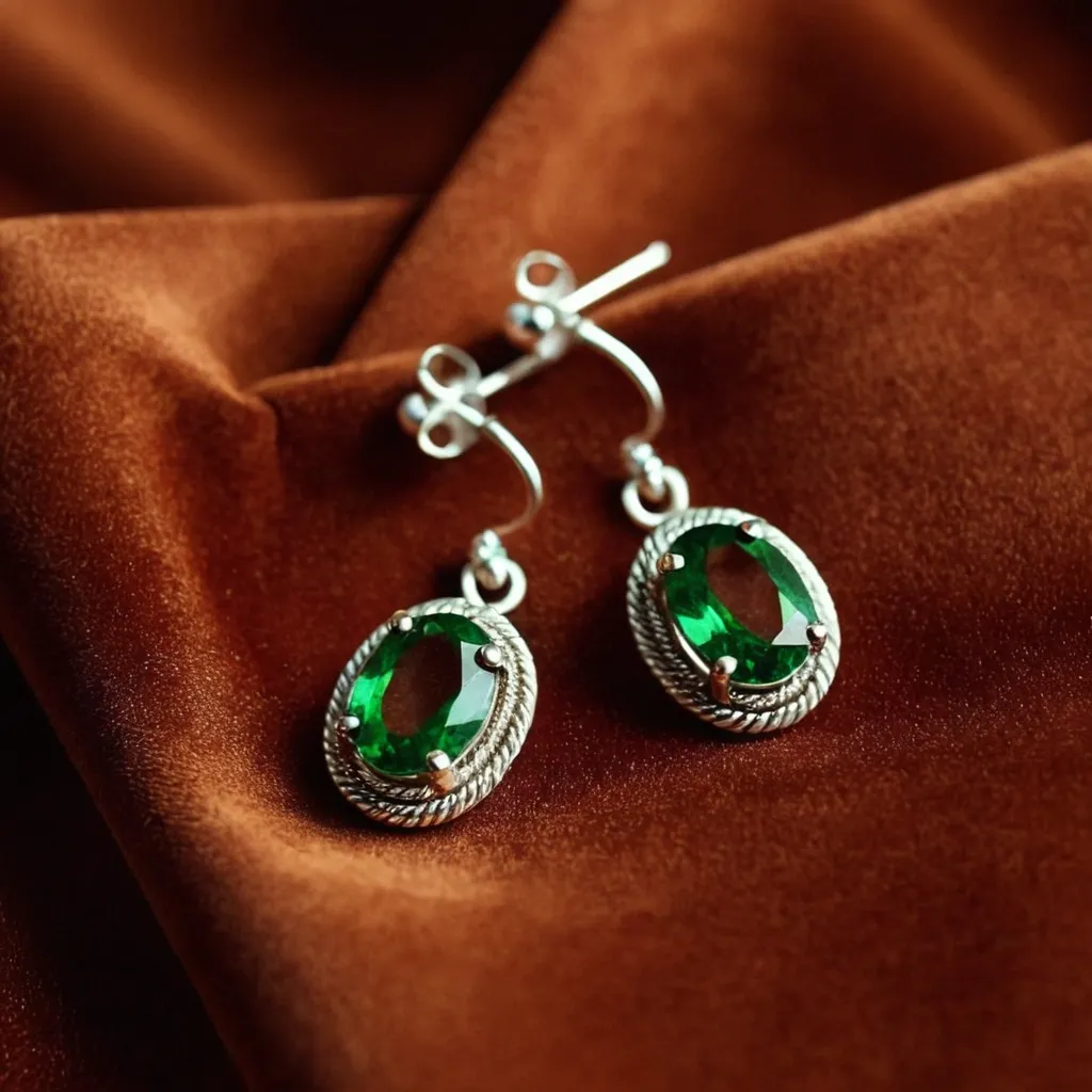 detailed photo of silver earrings with green gem