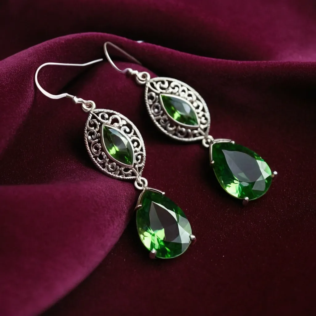 detailed photo of silver earrings with green gem