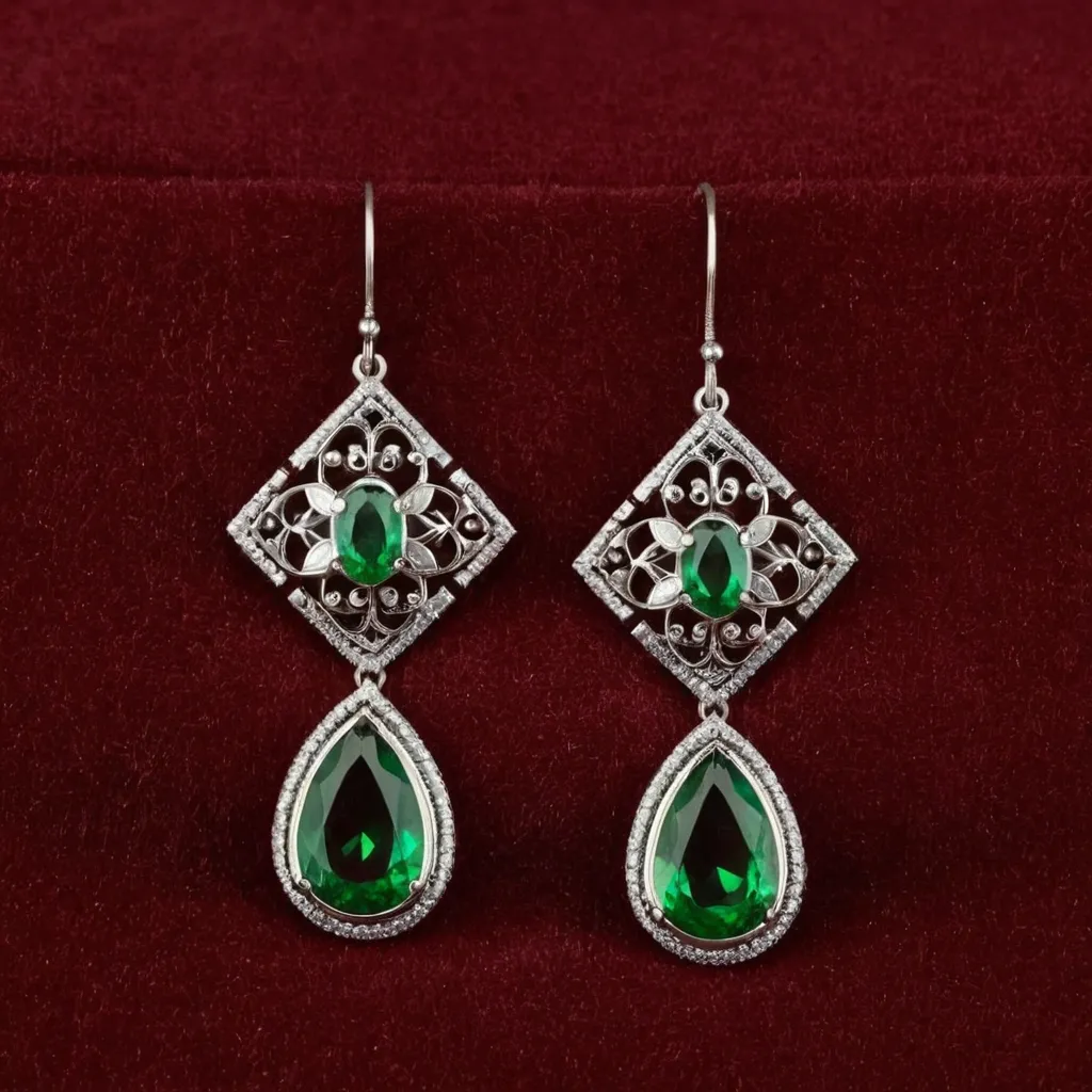 detailed photo of silver earrings with green gem
