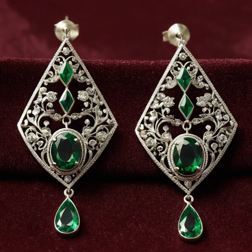detailed photo of silver earrings with green gem