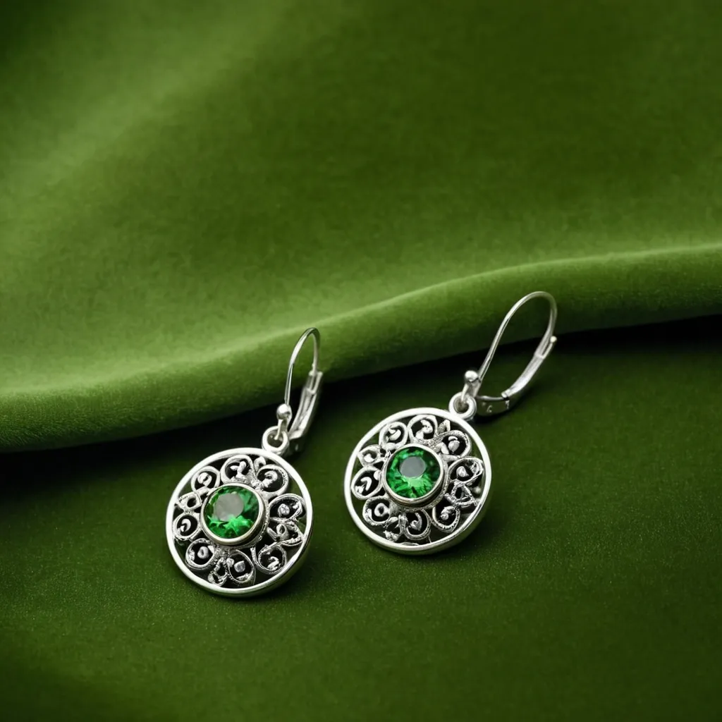 detailed photo of silver earrings with green gem