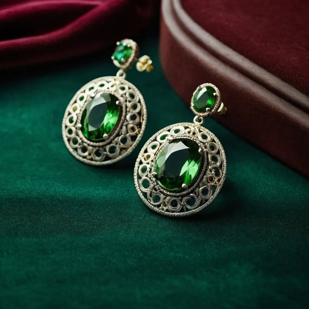detailed photo of silver earrings with green gem