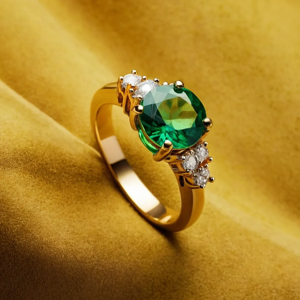 detailed photo of golden ring with green gem