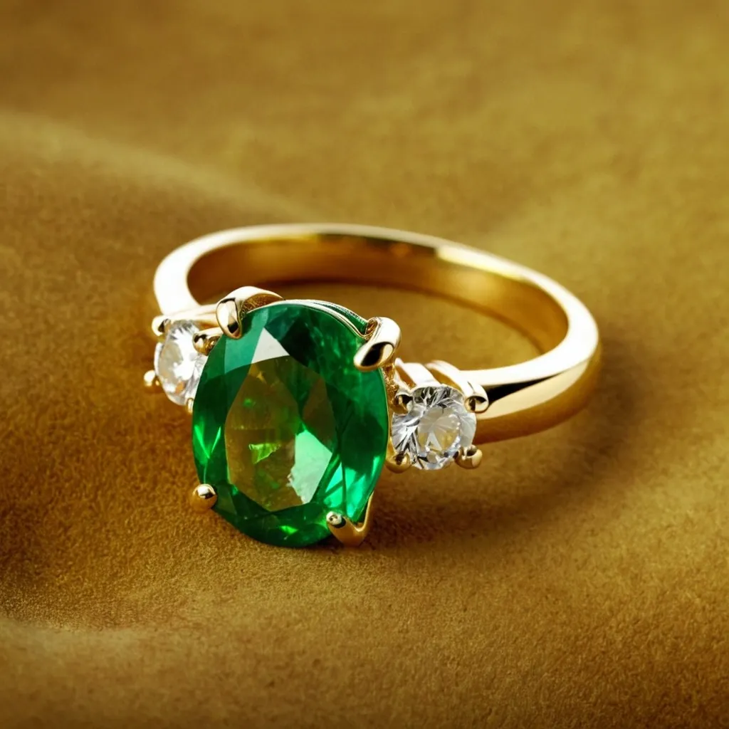 detailed photo of golden ring with green gem