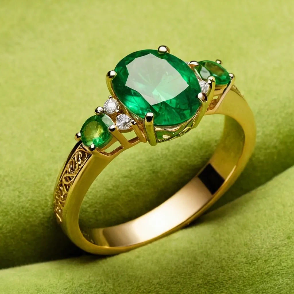 detailed photo of golden ring with green gem