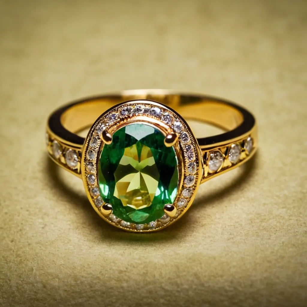 detailed photo of golden ring with green gem
