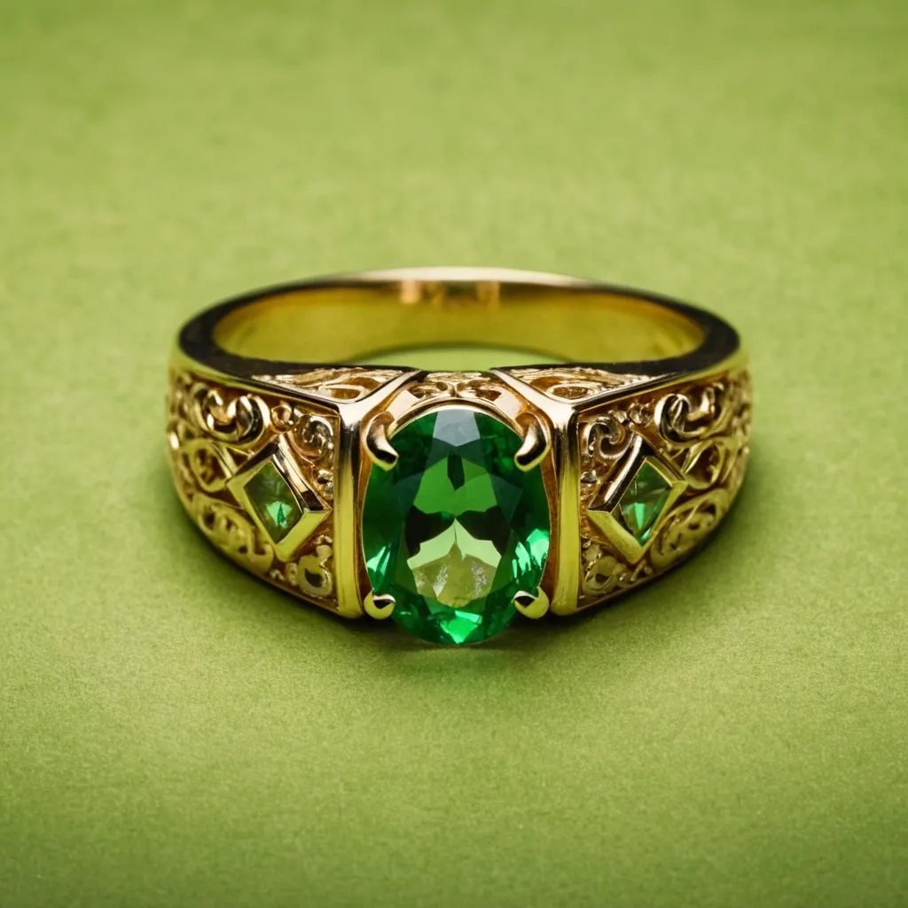 detailed photo of golden ring with green gem