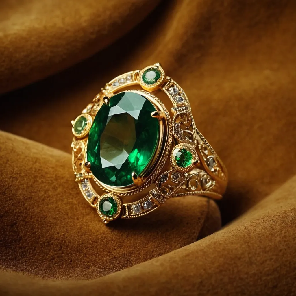 detailed photo of golden ring with green gem