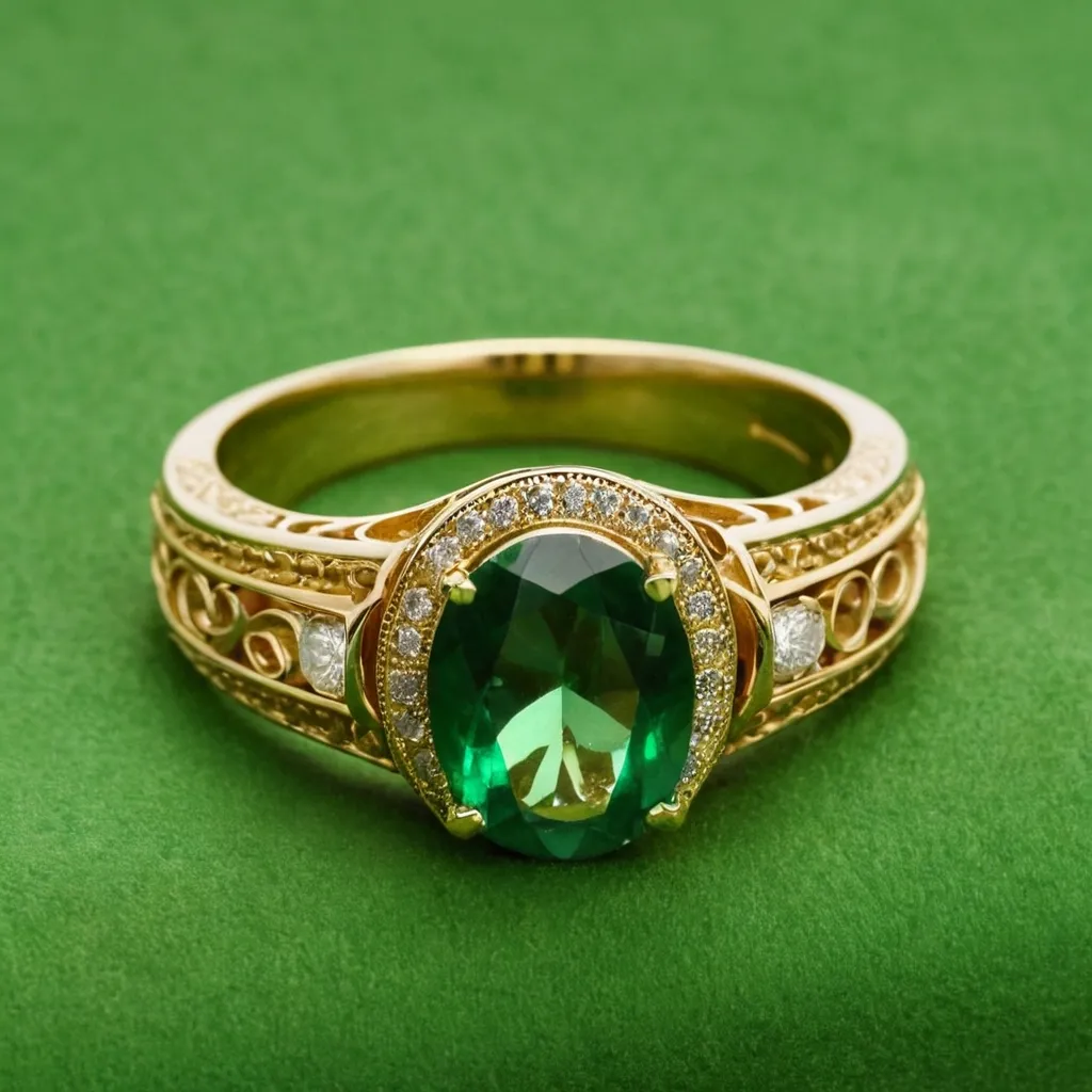 detailed photo of golden ring with green gem