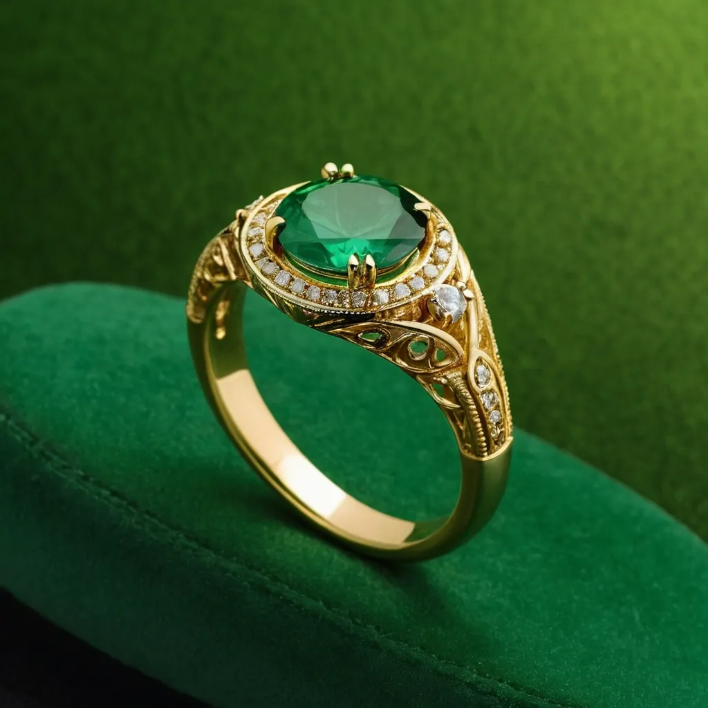 detailed photo of golden ring with green gem