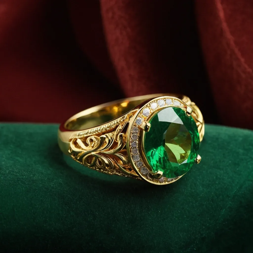 detailed photo of golden ring with green gem