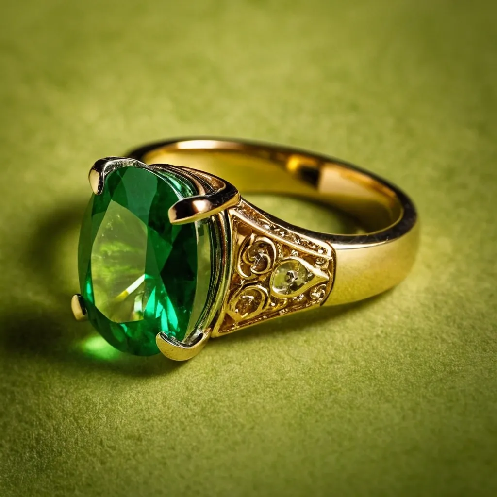 detailed photo of golden ring with green gem