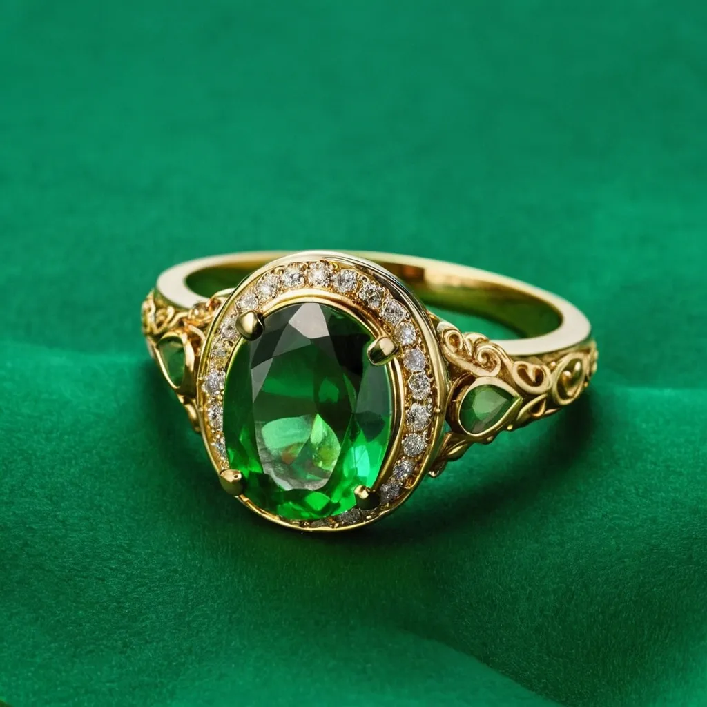 detailed photo of golden ring with green gem