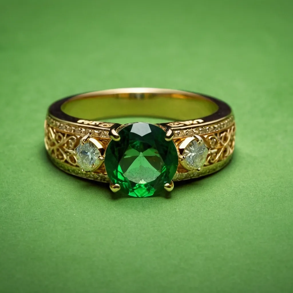 detailed photo of golden ring with green gem