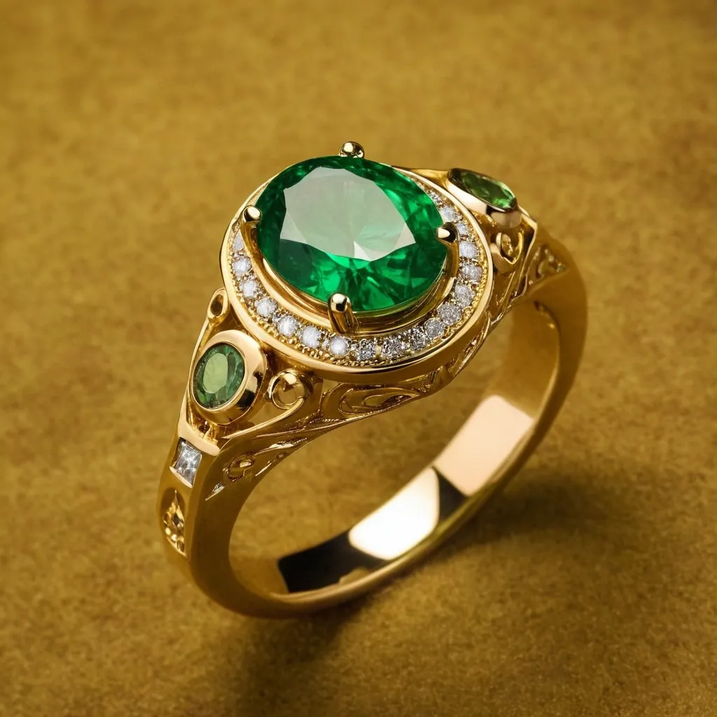detailed photo of golden ring with green gem