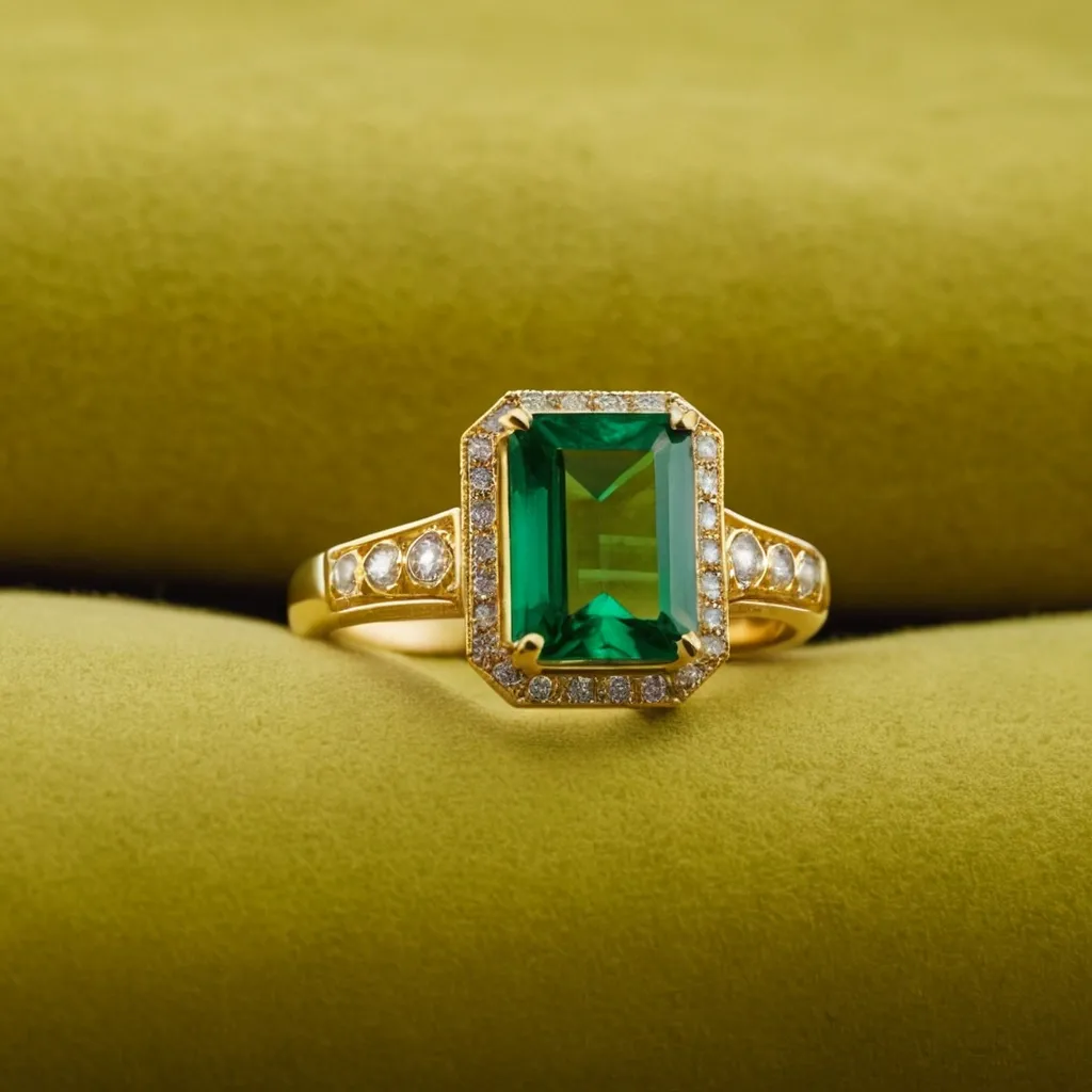 detailed photo of golden ring with green gem