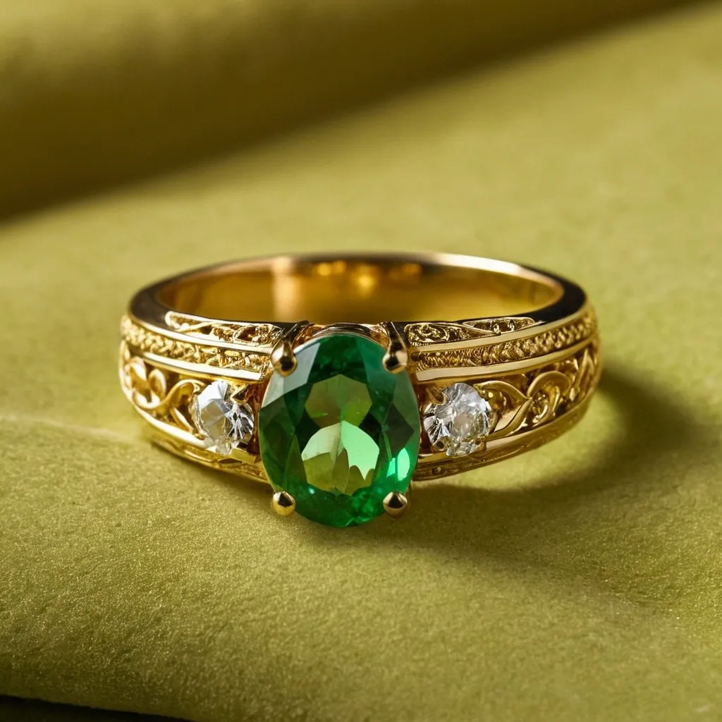 detailed photo of golden ring with green gem
