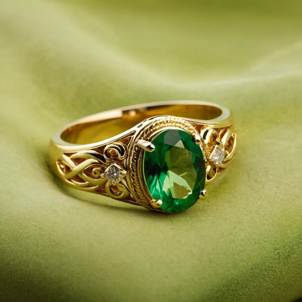 detailed photo of golden ring with green gem