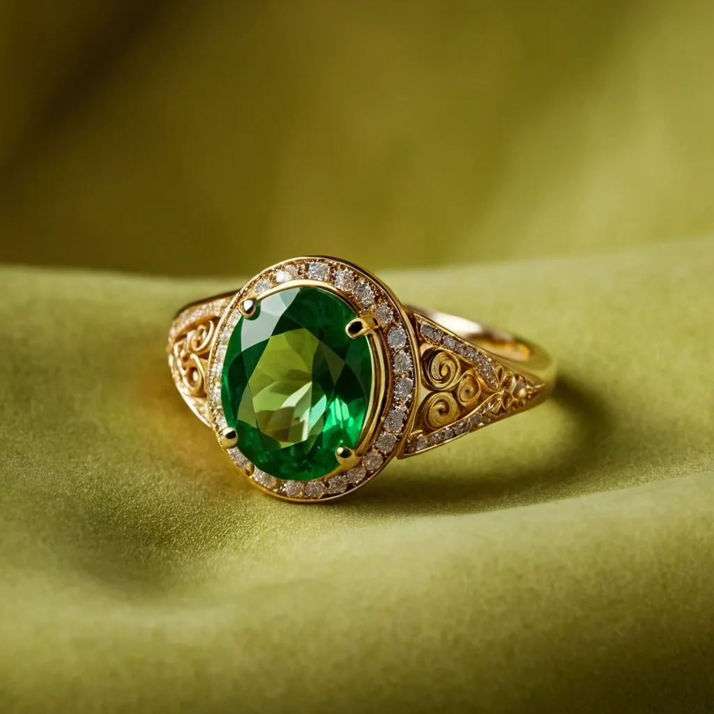 detailed photo of golden ring with green gem