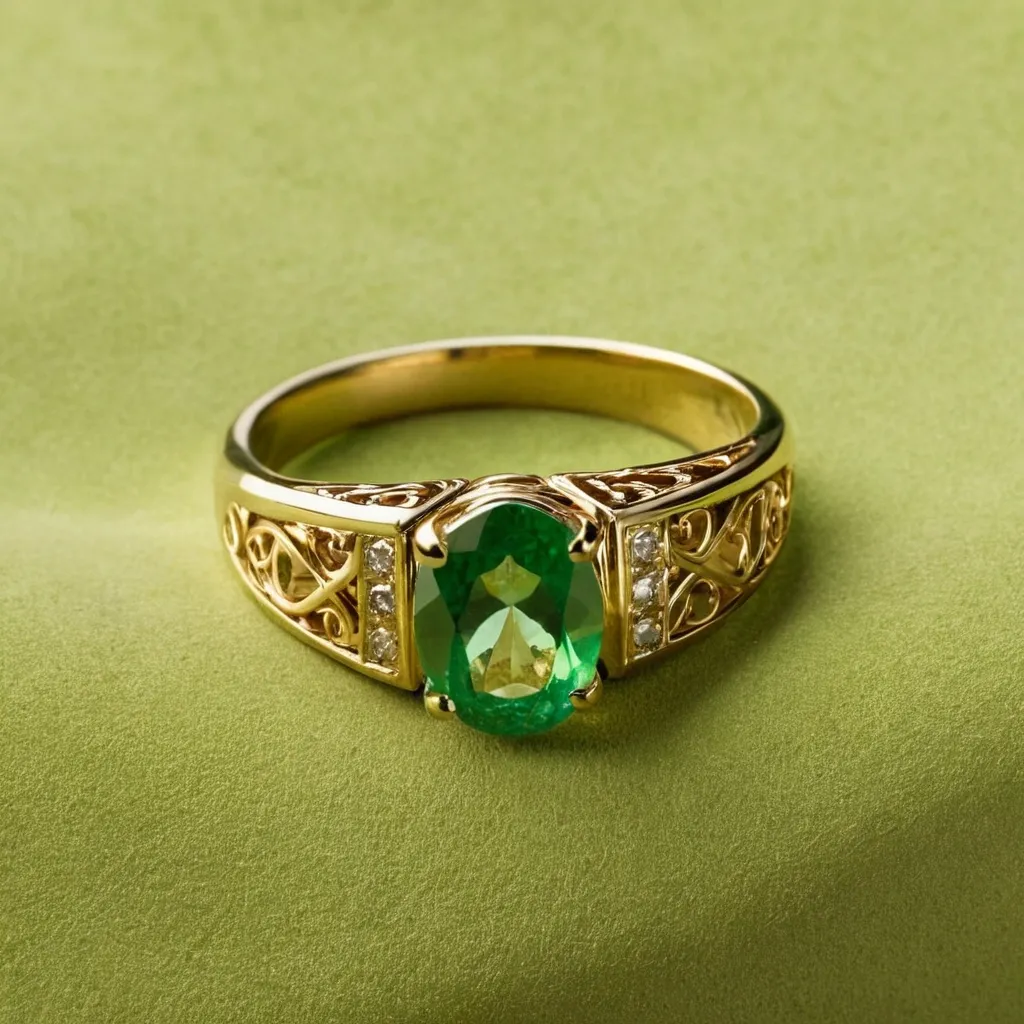 detailed photo of golden ring with green gem