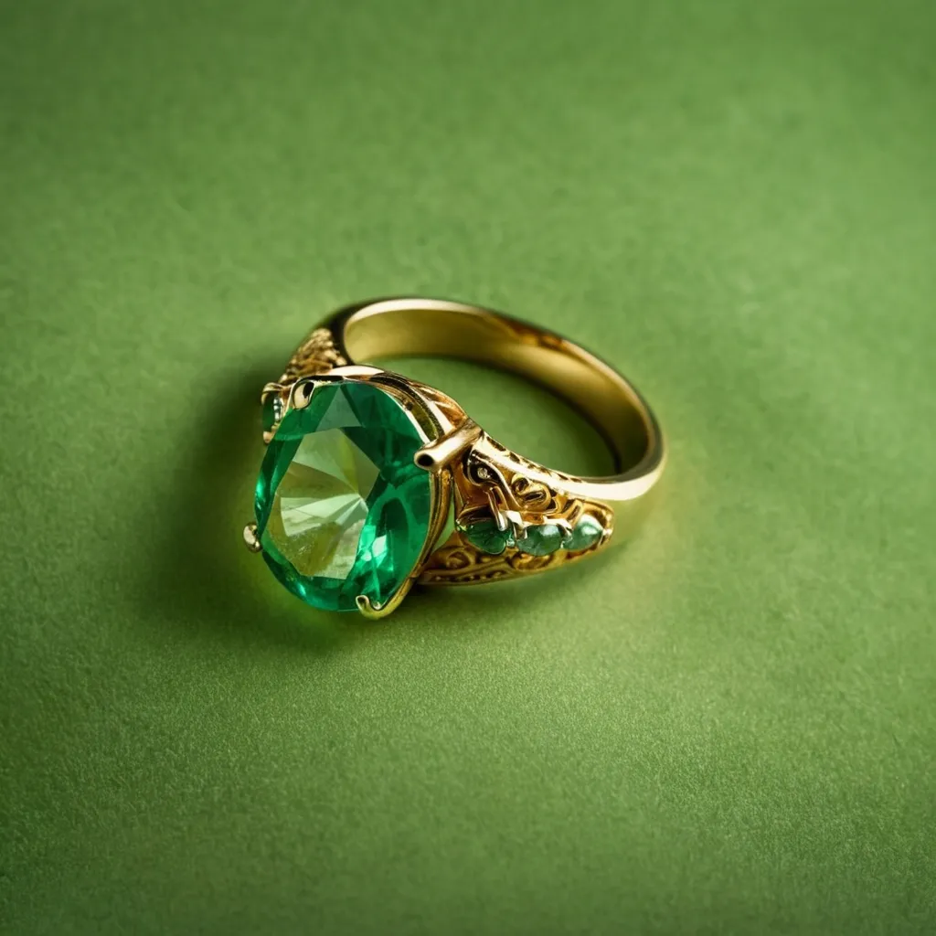 detailed photo of golden ring with green gem