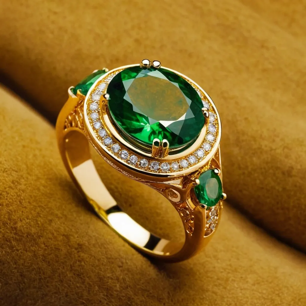 detailed photo of golden ring with green gem