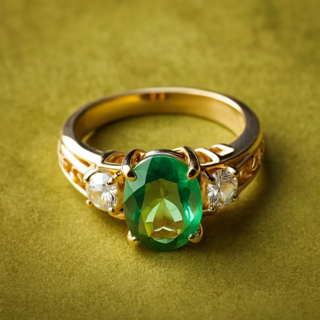 detailed photo of golden ring with green gem