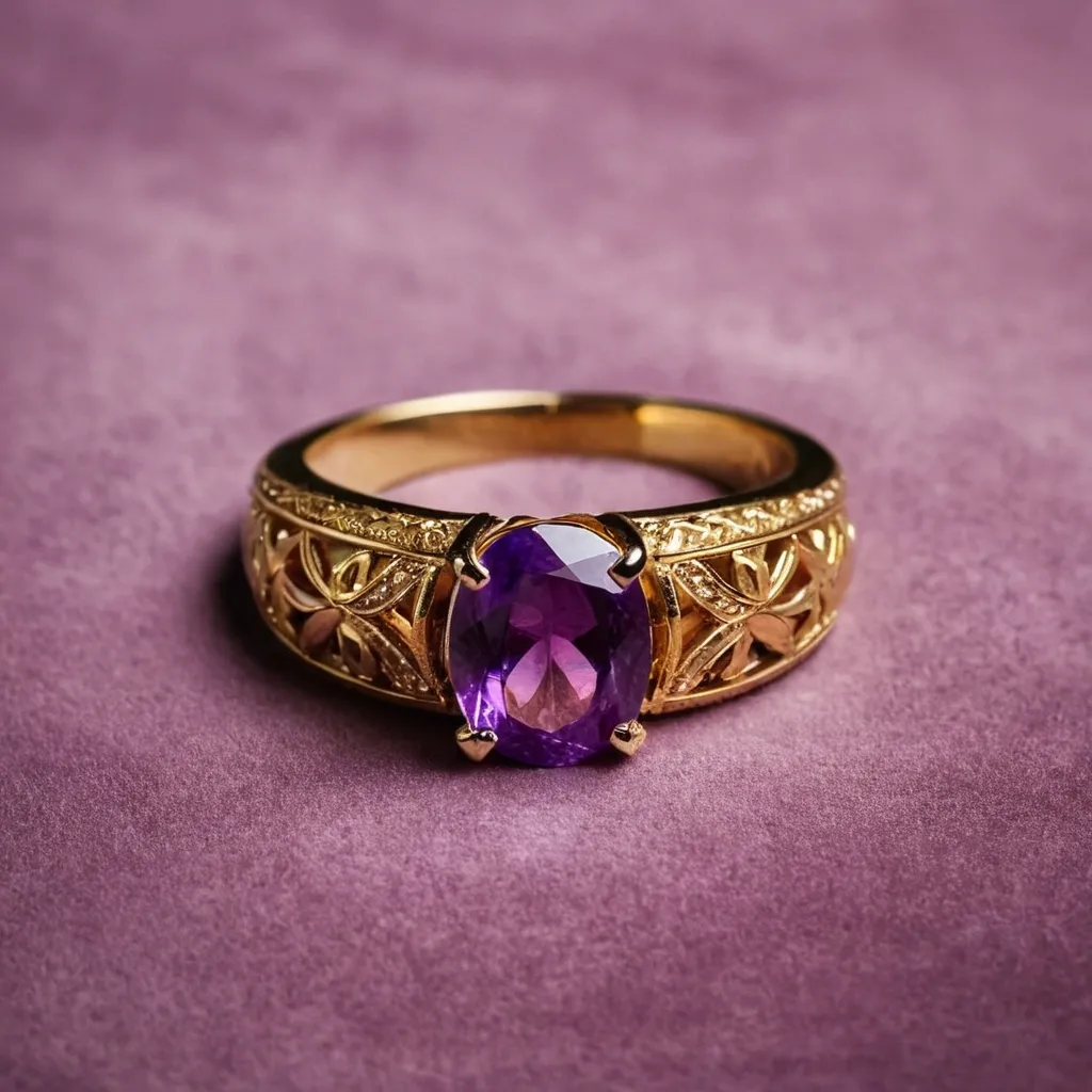 detailed photo of golden ring with purple gem