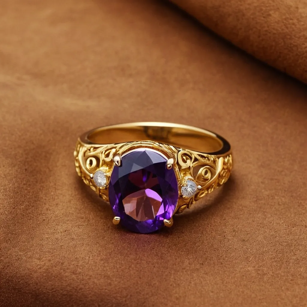 detailed photo of golden ring with purple gem