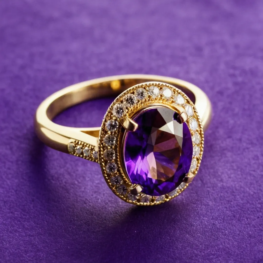 detailed photo of golden ring with purple gem